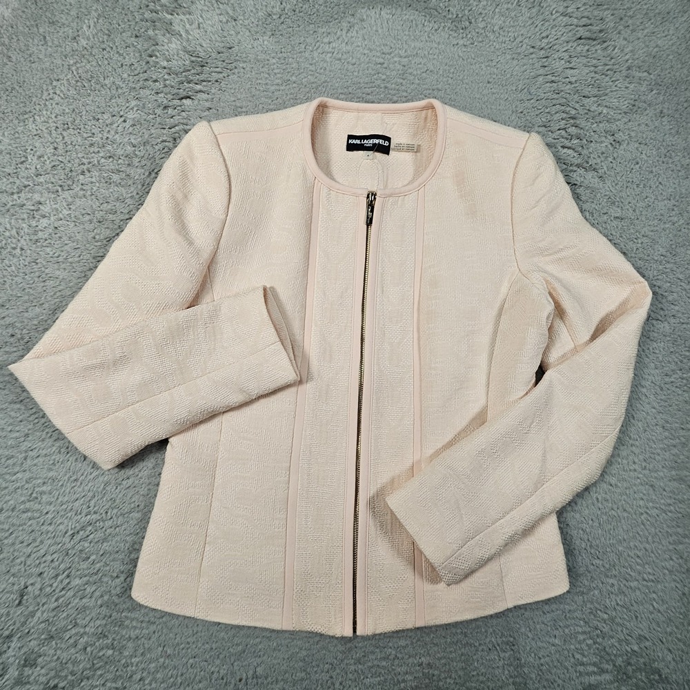 Karl Lagerfeld Jacquard Jacket Womens 4 Pink Tweed Zip Front Heritage Career